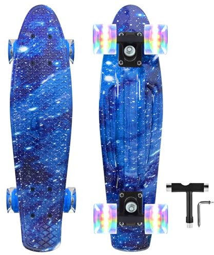 Nattork Skateboards 22 Inch Mini Cruiser Purple Skateboard Complete Retro Skate Boards with Colorful Light Up PU Wheels for Kids Girls Boys Beginners