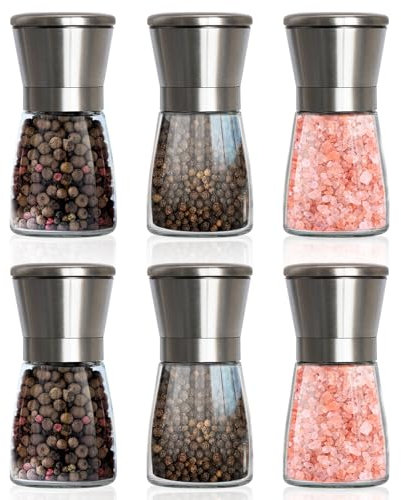Shoze Gewürzmühle 6er Set Manuelle Edelstahl Salz und Pfeffermühle Set Transparent Keramikmahlwerk mit Abdeckung für Gewürzmahlen(Edelstahldeckel 180ML)