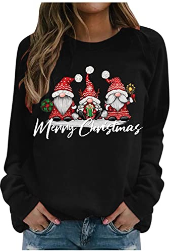 D-black Women's Casual Long Sleeve Christmas Print Sweatshirt Tunic Tops - Loose Fit, Xmas Pullover Tops (L)