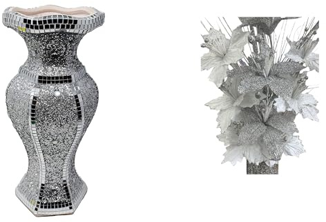 Silver Crystal Crushed Diamond Vase With Artificial Flowers (Ceramic + Silk, Silver + Silver)