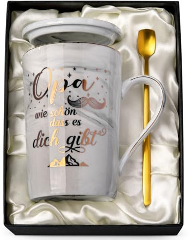 Doublewhale Vatertagsgeschenk für Opa, Beste Opa Geschenktasse zum Vatertag, Geburtstagsgeschenk, 14 Oz Marmor Kaffeetasse mit Goldener Druckgrafik, Edle Geschenkset