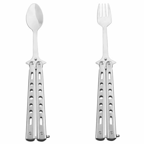 2 Pcs Foldable Camping Utensil Set - Stainless Steel Butterfly Design Spoon & Fork for Outdoor, Travel & BBQ - Compact & Lightweight for Kitchen, Hiking & Picnics