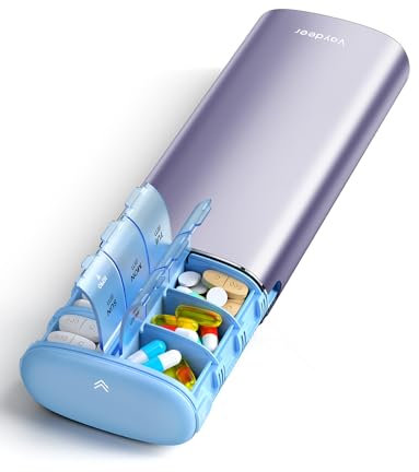 VAYDEER Tablettenbox 7 Tage [LFGB-zertifiziert] [Trockensicher] [Lichtgeschützt] [Aluminium] Reise-Pillendose Tabletten-Organizer für 2× täglich Medikamentenbox, morgens & abends (Lila)