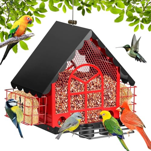 Vogelhäuschen für Draußen, Großes Fassungsvermögen, mit Doppeltem Talgkäfigkuchen, Hängende Vogelhäuschen aus Metall mit Wasserbecher für Hof, Garten, Vogelliebhaber, Rot