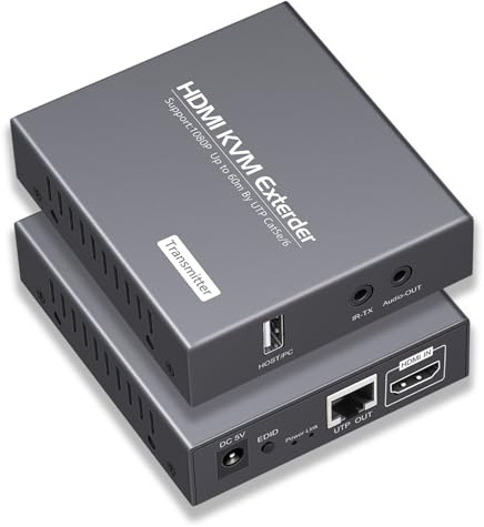 RYXN HDMI KVM USB Extender Over Cat5e/6 1080P Transmits Up to 196ft/60m, with 2 USB Ports Supports Mouse and Keyboard Remote Control, Both Ends Feature Audio Extractor Function