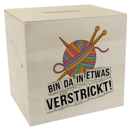 speecheese Spardose aus Holz Bin da in etwas verstrickt Lustige Sparbüchse | mit Wolle und Stricknadeln