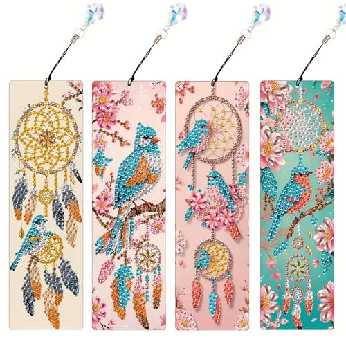 JSRQT 4 Stück Blumen Vögel Diamant Malerei Lesezeichen Kits,5D Diamant Painting Bookmark mit Quasten,DIY Traumfänger Buchmarken für Kunsthandwerk Geschenk