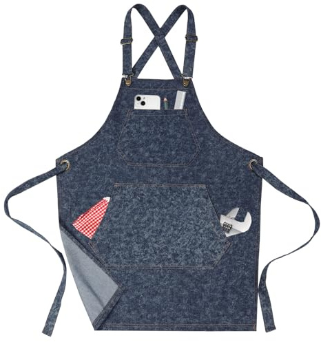 Delantal Chef de Denim de Algodón para Hombres Mujeres, Ajustable Delantal de Trabajo Jean con Espalda Cruzada, Grandes Bolsillos, Correas Removibles para Cocina, BBQ, Barista Restaurante Reparación