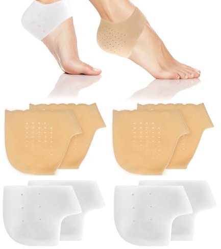 TIESOME 8 Stück Silikon Fersenschutz, Atmungsaktiv Gel Fersenpolster Fersensocken Fersenschutz für Schuhe für Fersensporn Plantarfasziitis, Fersenschmerzen, Trockene Rissige Ferse(weiβ +Hautfarbe)