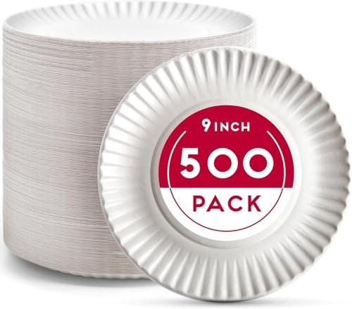 500 Disposable Paper Plates 9 Inch - 23 cm Heavy Duty White Paper Party Plates Bulk - Grease-Resistant, Compostable & Recyclable – Ideal for Parties, BBQs, Events, Christmas, Catering & Daily Use