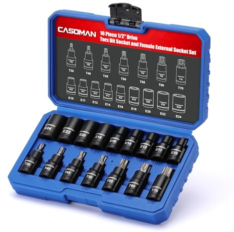 CASOMAN Lot de 16 embouts Torx de 1,27 cm - Torx/Star : T30 T40 T45 T50 T55 T60 T70 ; E-Torx : E10 E11 E12 E14 E16 E18 E20 E22 E24 ; CR-V & S2