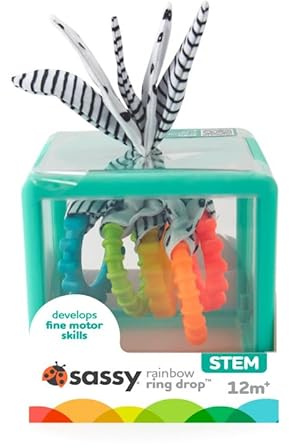 Sassy Montessori Sensory Cube for Babies from 12 Months - Manipulation Toy with 5 Textured Rings - Gripping & Biting Toy, STEM Educational Toy, Colourful & Transparent