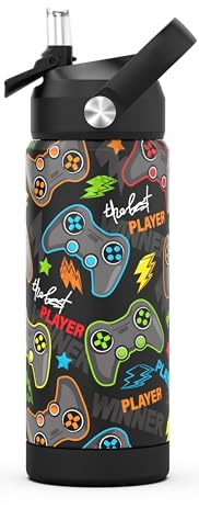 Boys Water Bottle with Straw,550 Ml Kids Insulated Cups with Stainless Steel Leak Proof for School,Sport&Travel (Game)