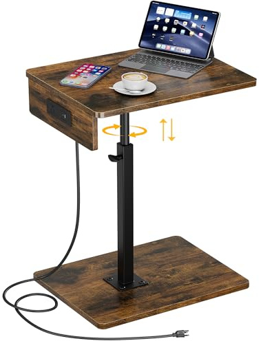 C Shaped End Table with Charging Station, Adjustable Height C Table End Table, 360°Swivel TV Tray Table for Small Spaces, Rounded Corners Couch Table, Side Tables Living Room for Sofa,Chair,Snack,Bed