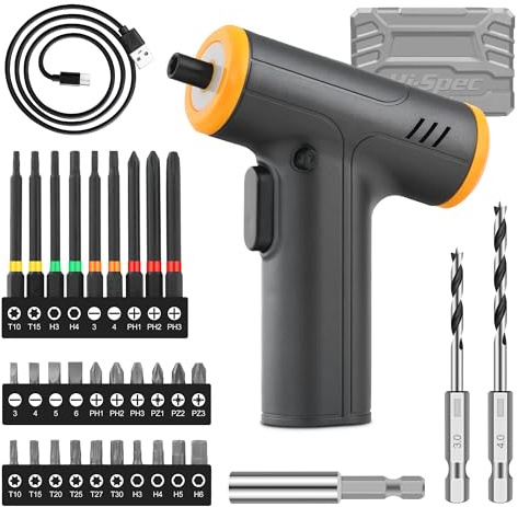 Hi-Spec 4V USB Power Screwdriver & Screw Bit Set with Bit Handle. Cordless & Rechargeable Electric Screwdriver in a Compact Toolbox Case