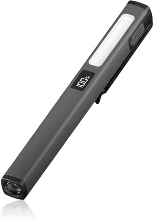 flintronic LED Stiftlampe, Mini Handheld Taschenlampe mit Taschenclip und Digitalanzeige, USB-aufladbare, IPX4 Wasserdicht, Stift Lampe Perfekt für Inspektion, Arbeit, Reparatur, Notfälle (Grau)