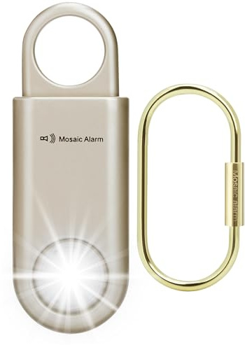 135 dB Wiederaufladbarer Taschenalarm mit extra Heller Taschenlampe -Gold | Langer Standby-Zeit SOS Schlüsselalarm mit Stroboskoplicht für Frauen Studenten, Notfallalarm Wanderungen und zur Bärenabwehr