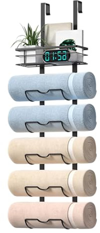 Over Door Towel Rack, 6-Tier Bathroom Over Door Towel Holder Rack with Storage Shelf Basket, Rolled Towel Storage Rack Organiser for Home Hotel