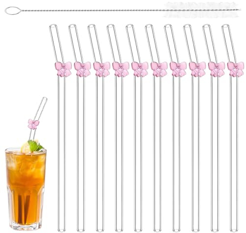 10 Stück Glasstrohhalme mit Schleifenmuster mit 1 Reinigungsbürsten 20cm/7.87zoll Süße Wiederverwendbarer Transparent Gebogene Glasstrohhalme für Säfte Cocktails Smoothie Milch Kaffee (Rosa)