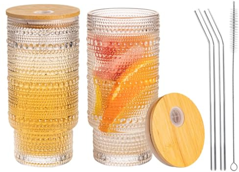 MRZIKPO Drinking Glasses with Lids and Glass Straw 2pcs Set,16oz Glass Tumbler Cups,Water Glasses,Iced Coffee Glasses,iced Tea Glasses,Ideal for Whiskey,1 Brushes