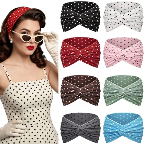 Awumbuk Haarband Damen, Stirnband 7'' Extra Breit Gekreuzt - 8er Set, Boho Mehrfarbig Headband, Elastisch und Weich Kopftuch, für Sport, Kosmetik (Rot)