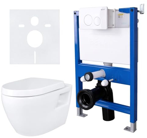 Belvit Dusch WC Komplettset mit Bidetfunktion, Weiß | Vorwandelement 75-82 cm, Softclose Deckel, Unterputz Spülkasten und Drückerplatte, Hänge WC mit Bidet
