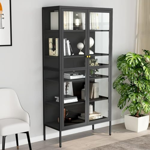 Fecpoo Vitrine 90x40x180 cm Anthrazit aus Stahl und gehärtetem Glas – 4 höhenverstellbare Einlegeböden für Bücher, Deko, Sammlerstücke