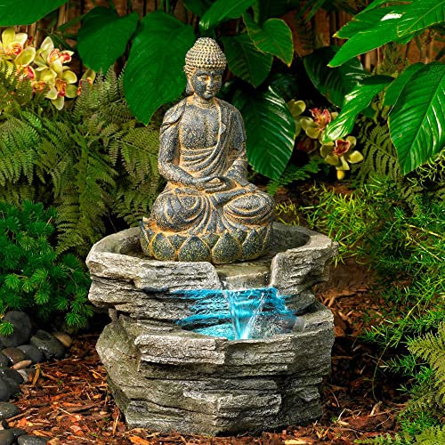 John Timberland - Fuente de agua de piso rústico Zen para exteriores, 21 pulgadas de alto con luz LED, decoración de meditación para jardín, patio, terraza, hogar, césped, porche, casa, relajación,