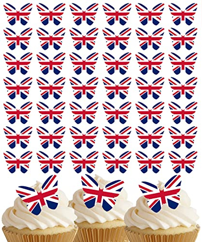 Anglesit 44 pcs Pre-Cut Union Jack Butterflies Edible Wafer/Rice Paper Cupcake Cake Dessert Toppers Royal Party Birthday Coronation Jubilee British Flag Anniversary Decorations