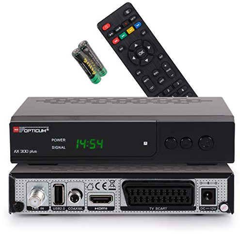 RED OPTICUM AX 300 Plus Sat Receiver I Digitaler Satelliten-Receiver HD - DVB-S2 - HDMI - SCART - USB 2.0 - Coaxial Audio I 12V Netzteil ideal für Camping I Receiver für Satellitenschüssel Schwarz