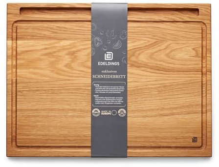 Edeldings Schneide- und Servierbrett aus hochwertiger Eiche 40 х 30 cm groß mit Saftrille und Tablethalterung | Antibakterielles Küchenbrett | Servierbrett, Frühstücksbrett, Holzbrett aus massiv Holz