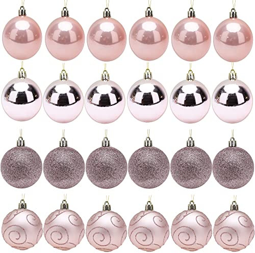 Pack de 24 Boules de Sapin de Noël en Or Rose de 50 mm - Paillettes, Brillants Mats et Motifs de tourbillons de Paillettes - Décorations de Noël