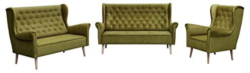 MOEBLO Ohrensofa 3 Sitzer 2 Sitzer und Sessel Sofa Couch Garnitur Stoff Samt (Velour) Glamour Wohnlandschaft Chesterfield - Velo (Grün)