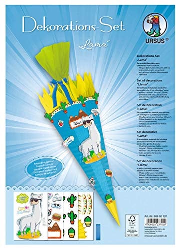 Ursus 9880012F - Dekorationsset Lama, 4 Bogen Bastelkarton DIN A4, beidseitig Bedruckt, vorgestanzt, genutet, teilweise beglittert oder veredelt, mit Satinband, Set zum Dekorieren Einer Schultüte