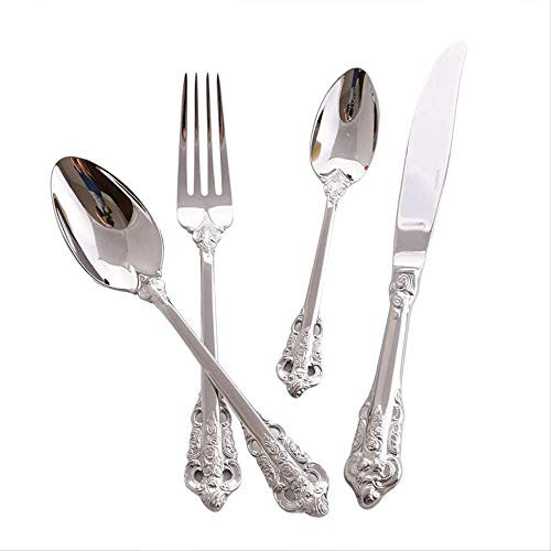 Set di posate, set da tavola vintage color argento, in acciaio inox 18/10, stile classico europeo, con fiori incisi e manico