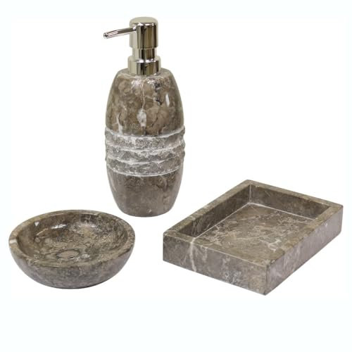 Badezimmergarnitur Seifenschalen Set Seifenspender Mamor Stein Bad Deko Naturstein Steinseifenspender Hellgrau Natur poliert 3er Set Nr. 6