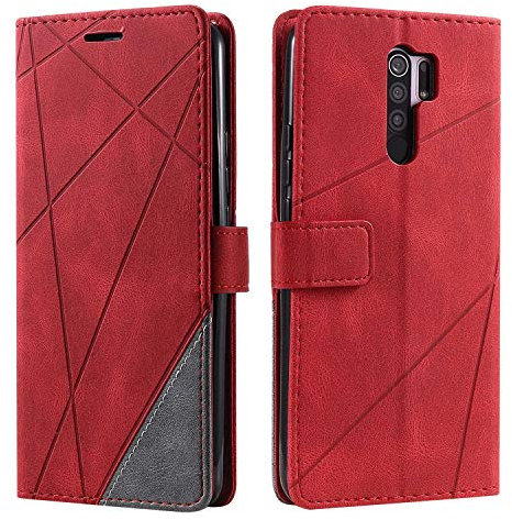 SONWO Hülle für Xiaomi Redmi 9, Premium Leder PU Handyhülle Flip Case Wallet Silikon Bumper Schutzhülle Klapphülle für Xiaomi Redmi 9, Rot