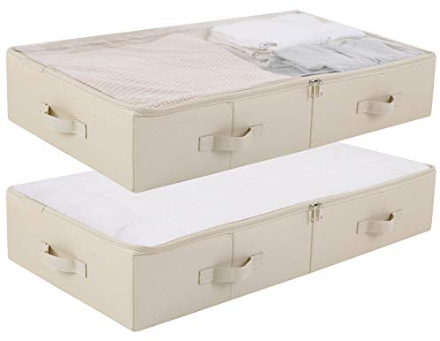 Amonsen Pack of 2, Spacious Visible PVC Lid Underbed Storage Bins for Shoes, Blankets, Sheets Organized, Foldable & Washable, Beige