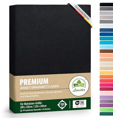 leevitex® Premium Wasserbett & Boxspringbett Spannbettlaken | Spannbetttuch | 200 x 220-220 x 240 | 97% Mako-Jersey-Baumwolle | 3% Elastan | Schwarz | 195 g/m²