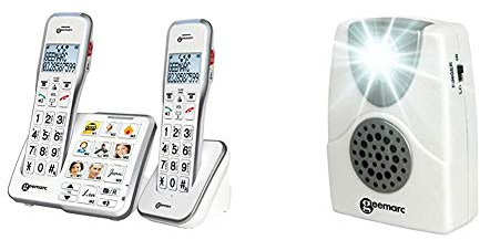Geemarc AmpliDECT 595 Duo : 2 schnurlose verstärkte 50 dB Schwerhörigentelefone & Geemarc CL11Geemarc CL11 Akustische Telefon-Anrufanzeige mit Blitzlicht - Klingeltonverstärker bis 95 dB