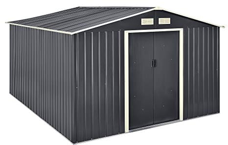 [en.casa] Casetta da Giardino 277x319x192 cm Box Organizzatore Deposito Stoccaggio in Lamiera Zincata con Cornice di Base in Metallo e Porte Scorrevoli - Grigio Scuro