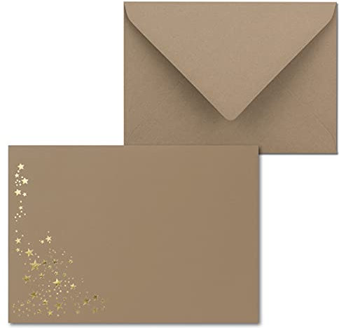 50x Weihnachts-Briefumschläge - DIN C6 - mit Gold-Metallic geprägtem Sternenregen -Farbe: Cappuccino (Braun) - Nassklebung, 120 g/m² - 114 x 162 mm