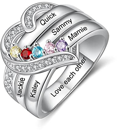 lorajewel Ring mit Gravur Damen Silber 925 Personalisierte Mutter Tochter Freundschaftsringe mit Stein für Mom Geschenk für Geburtstag (5 Steine)