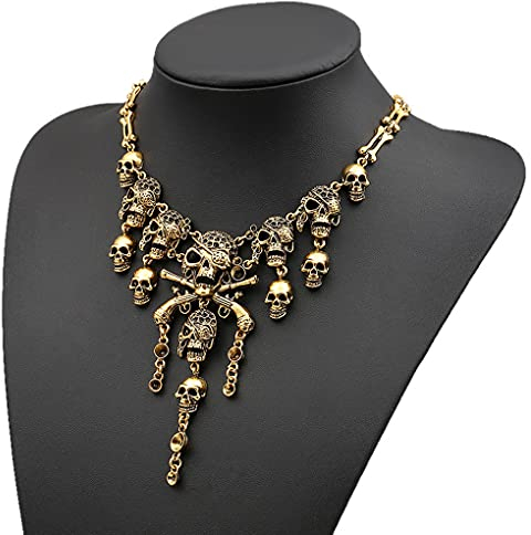 YJZQ Vintage Halloween Totenkopf Knochen Halskette Schmuck Frauen Pirat Cosplay Verkleidung Kostüm Zubehör Golden A