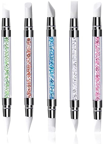 Qufiiry 5Pcs Silicone Nail Sculpture Pen, Pinceles de Silicona de Doble Cabeza Nail, Herramientas de Dibujo Conjunto para Gel de Uñas con Mango de Diamantes de Imitación