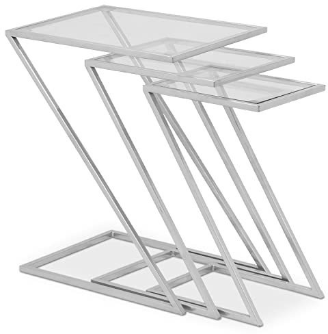 Menzzo Lot de 3 Tables Basses gigognes Zoeva Métal et Verre Transparent