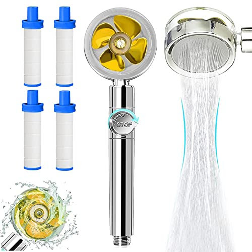 Pomme de douche haute pression à économie d'eau, avec 4 filtres améliorés, pommeau de douche rotatif à 360 degrés, pommeau de douche à main à hélice rotative, pommeau de douche turbo pour spa (doré)