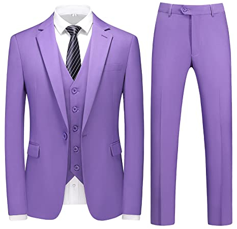 MOGU Herren 3-teiliger Anzug Slim Fit One Button Side Vents Smoking, Flieder, 44