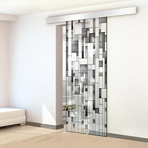 Porta scorrevole in vetro colorato dipinto a mano, modello INDUSTRIAL nero 85x215 cm (60/85/95 cm) 8 mm vetro trasparente, kit completo di ferramenta (85x215 cm, DESTRA)