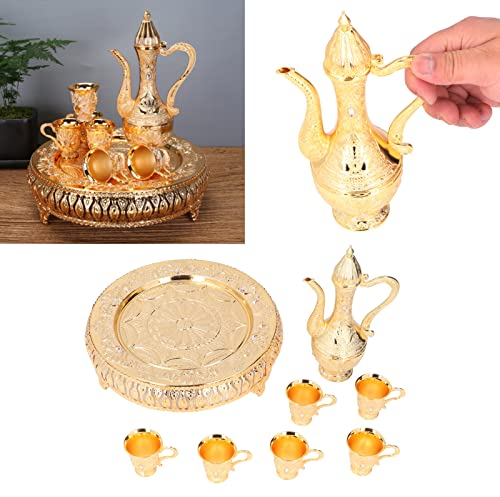 Fyearfly Juego de Cafetera Turca, Vintage Tetera Turca con Bandeja y 6 Vasos de té, Juego de Vasos de té Turco de Metal, Cafetera Marroquí para Fiesta de té en Casa